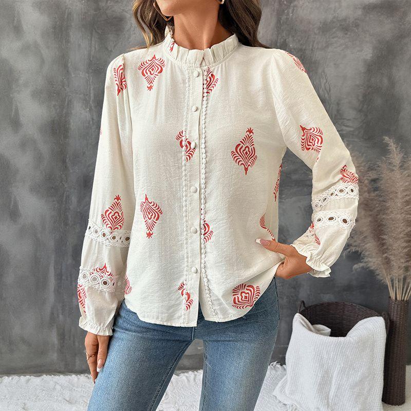 

Women Blouse Ladies Tops Lace Stitching Pastoral Style Artistic round Neck Cardigan Shirts Top Women Apricot XL