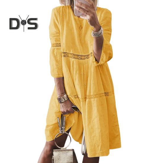 

Женское платье, кружевное, с открытой вышивкой, с рукавами три четверти, однотонное, свободное, до колена, свободное, трапециевидное, с круглым вырезом, миди-платье XL жёлтый