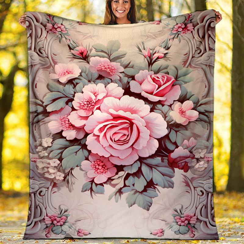 Floral Bouquet Print Flannel Blanket, Soft Warm Lightweight Throw Blanket for Living Room,Sofa Bed Camping Office