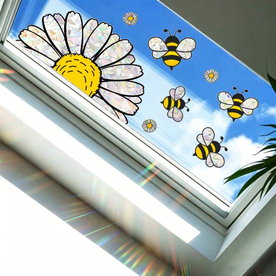 Spring Summer Bee Sunflower Window Sticker Prism Suncatcher Glass Window Cling Reusable Static Decals for Shop Home Office School Decor