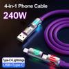 4 in 1 240W 27W Fast Charging Cable Dual Connector USB C/Type-C To IOS/Type-C For iPhone 15 Samsung Xiaomi