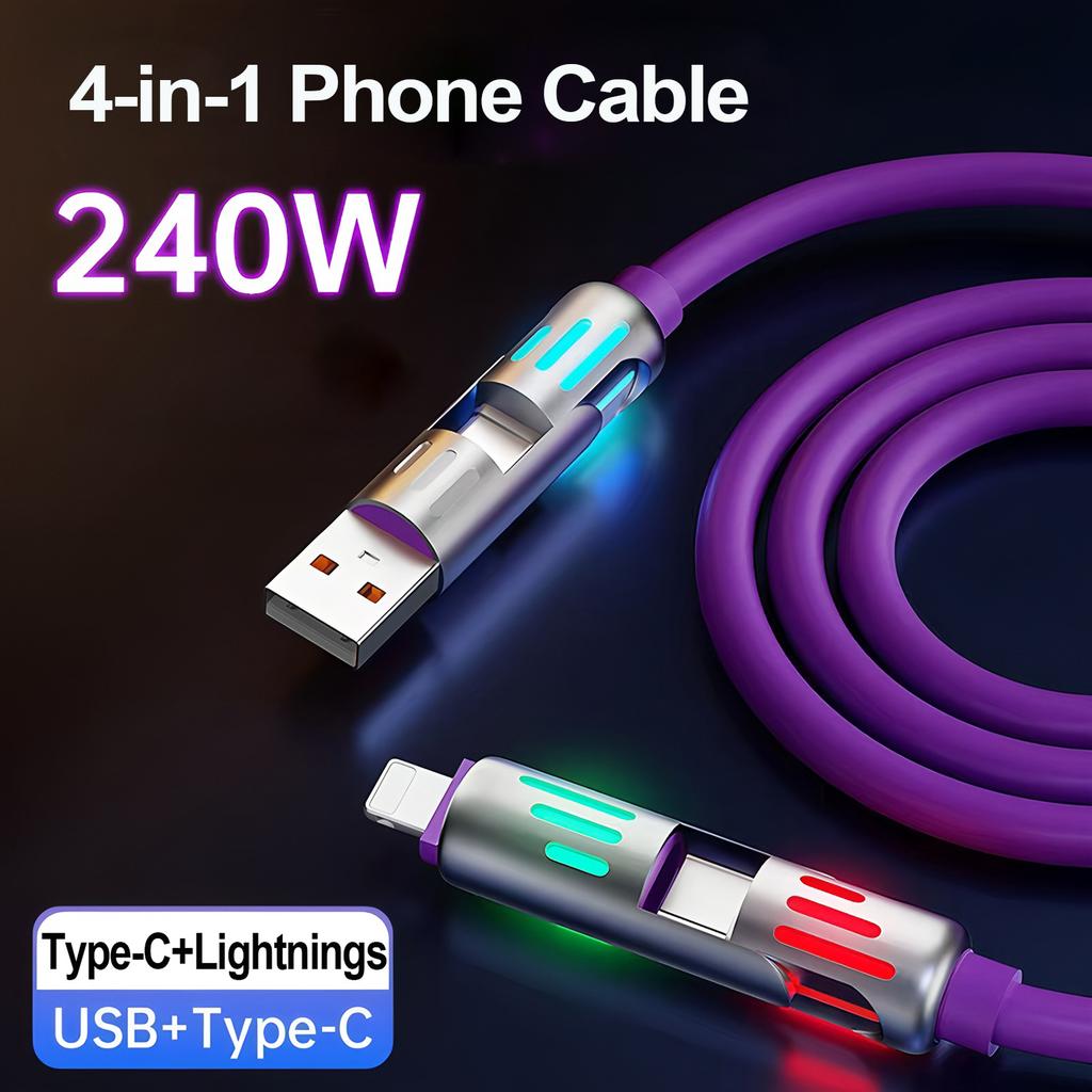 4 in 1 240W 27W Fast Charging Cable Dual Connector USB C/Type-C To IOS/Type-C For iPhone 15 Samsung Xiaomi