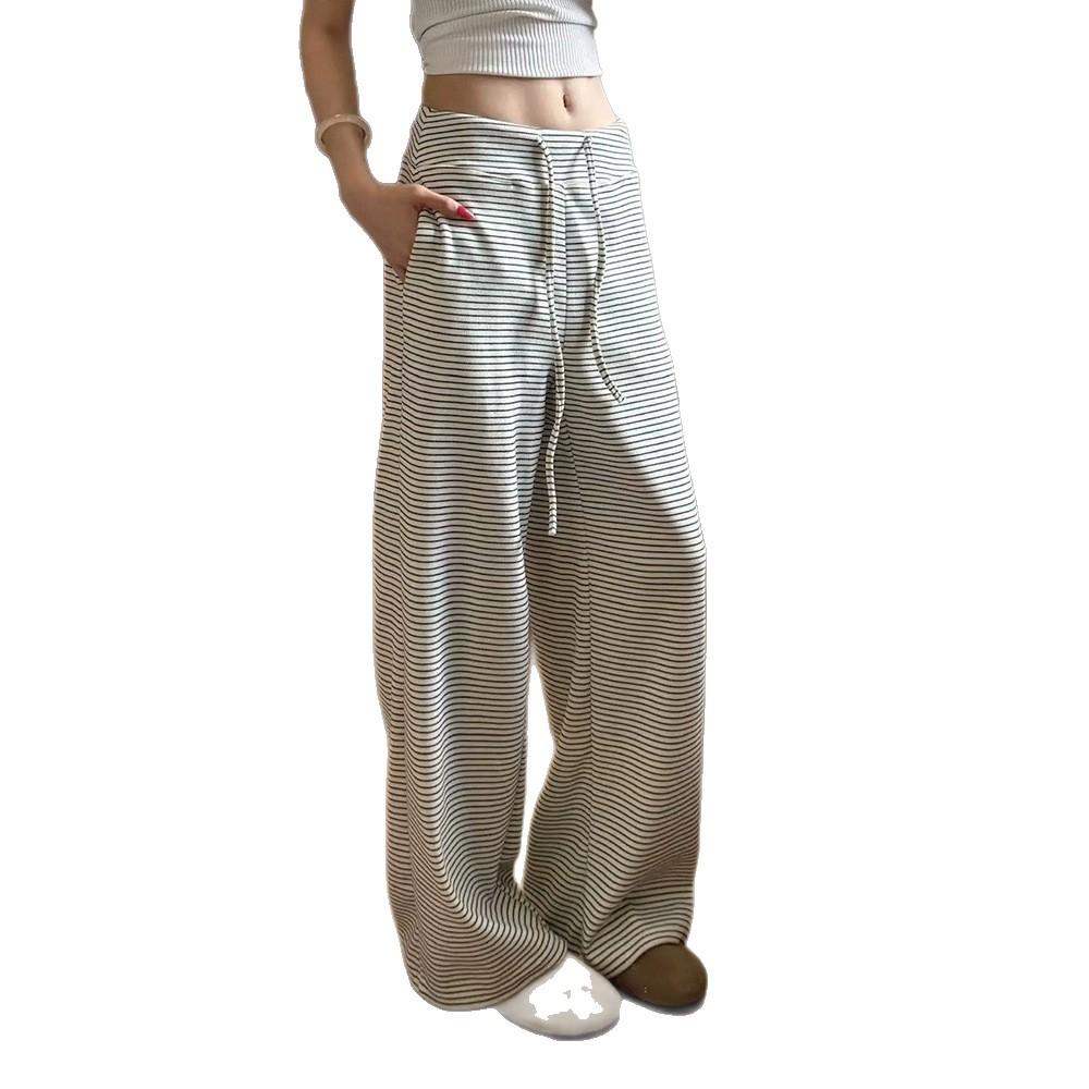 Wide Waist Thin Stripe Glutinous Rice Pants Women Autumn Lazy Style High Waist Loose Straight Leg Casual Wide Leg Trousers