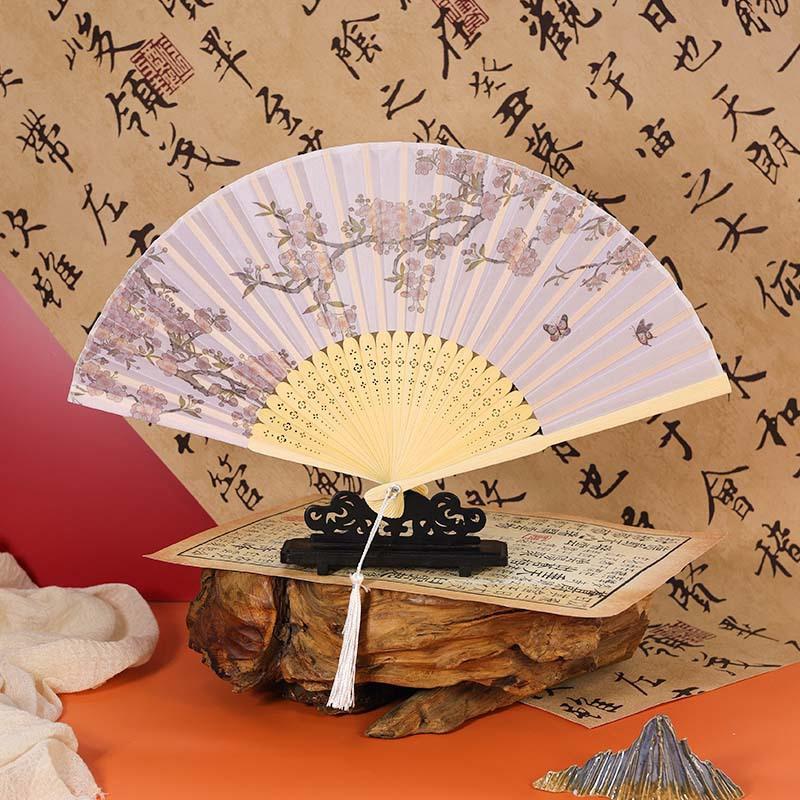 Bamboo Chinese Style Folding Fan Vintage Silk Folding Fan Shank Classical Dance Fan Tassel Elegent Female Hand Fan Home Decor