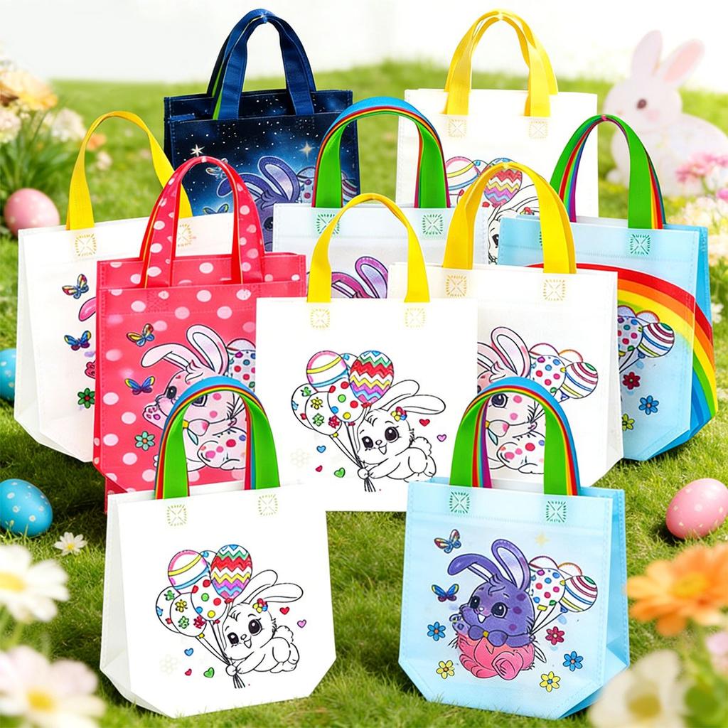 8Pcs Easter Non-Woven DIY Graffiti Bags - Double-Sided Cartoon Egg & Rabbit Design, Creative Painting Handbags for Easter ZSY