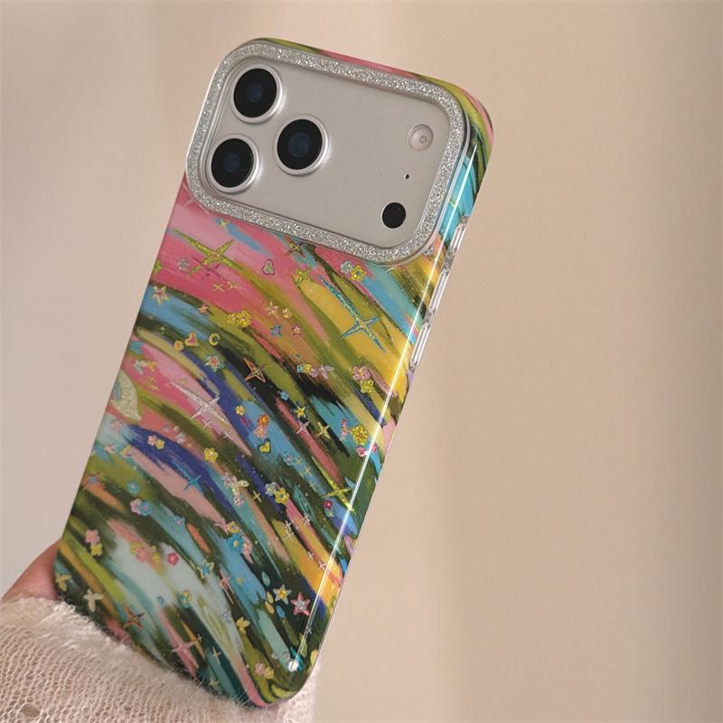Colorful Rainbow Brushstroke Star Glitter Phone Case For iPhone 15 16 17 Pro Max INS Artistic Y2K Style Large Window Shockproof