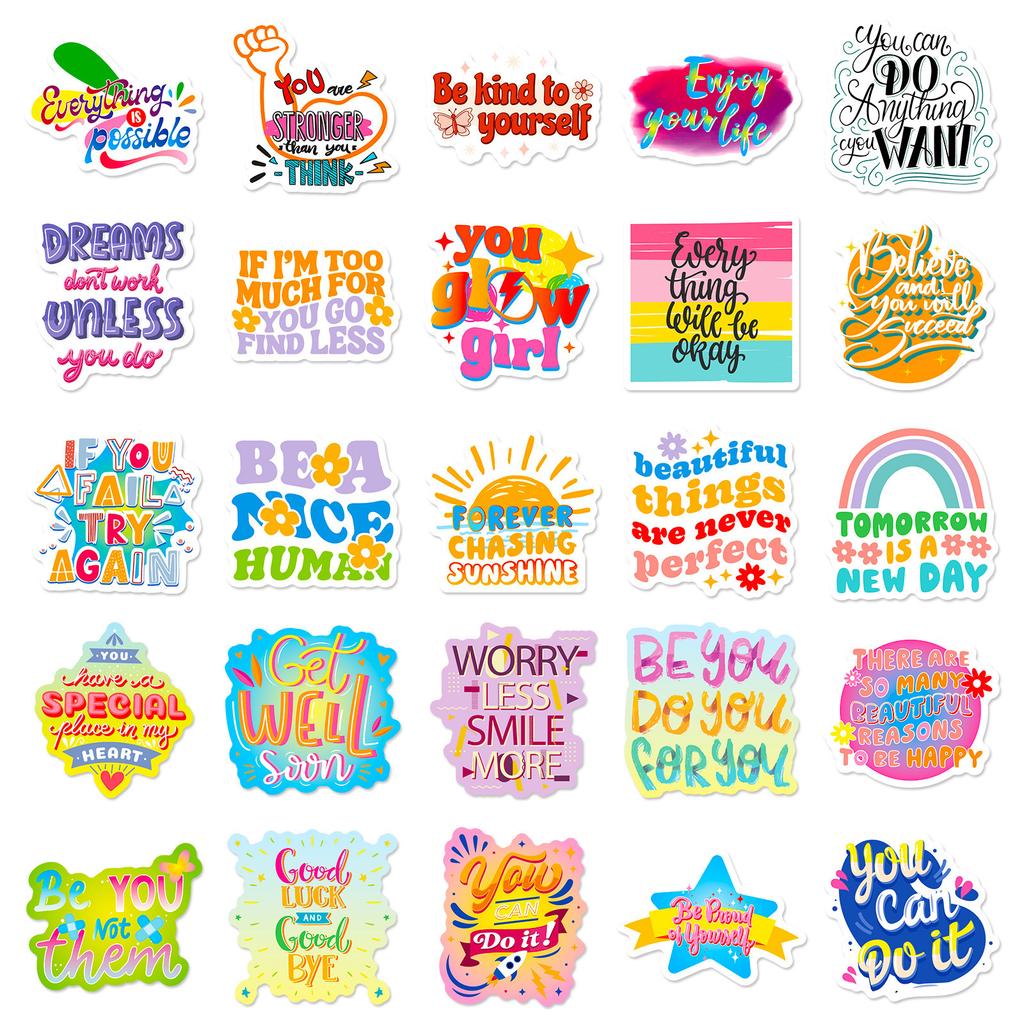 50 English Text Doodle Stickers Cartoon Color Encouragement Reward Stickers DIY Suitcase Decoration Stickers