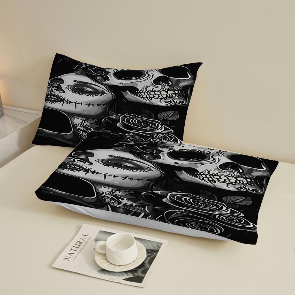 3pcs Fitted Sheet Set Skull And Rose 3D Printed Black And White Anti-Slip Durable Bed Sheet With Pillowcases For Bedroom Decor
