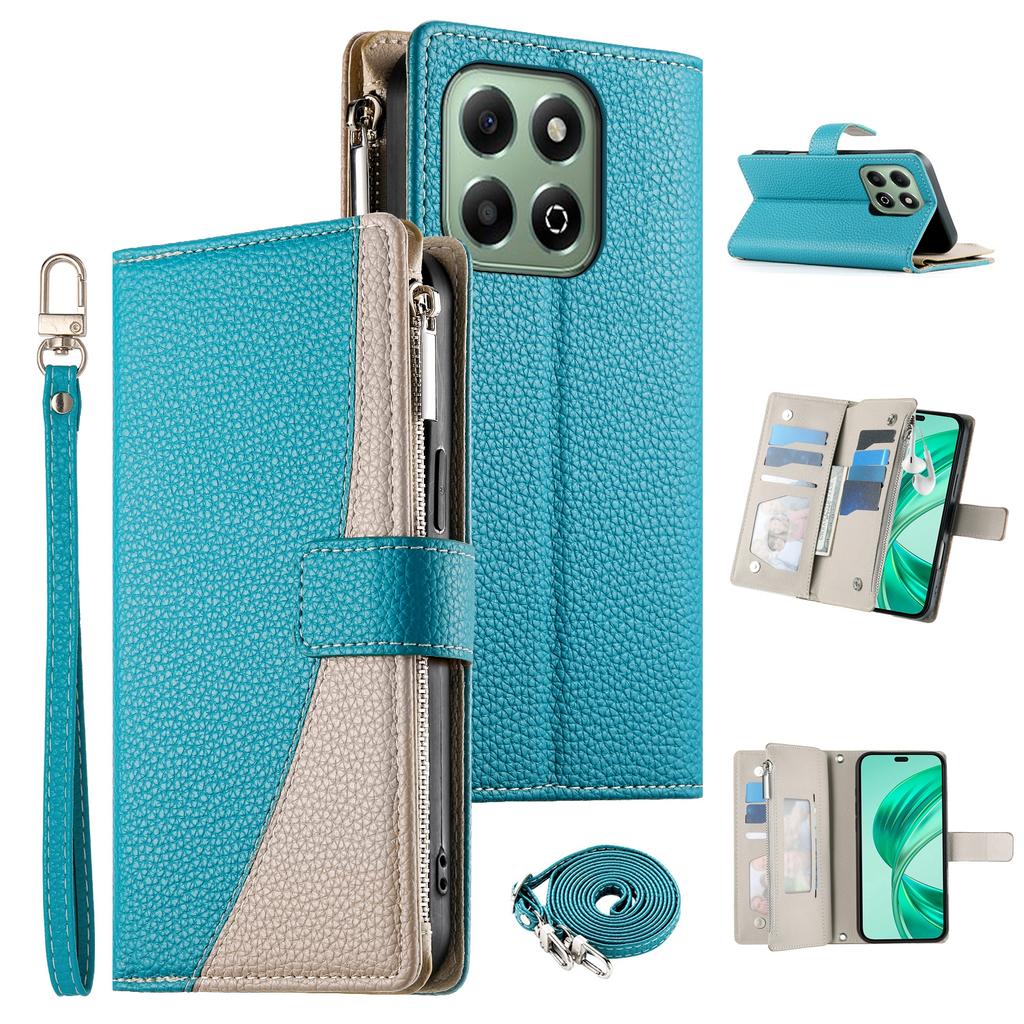 For Honor X6b 4G Case Zipper Wallet Color Splicing Leather Flip Phone Cover with Straps