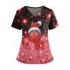 Women's Christmas Print V-Neck Short Sleeve Top with Double Pockets and Side Slits