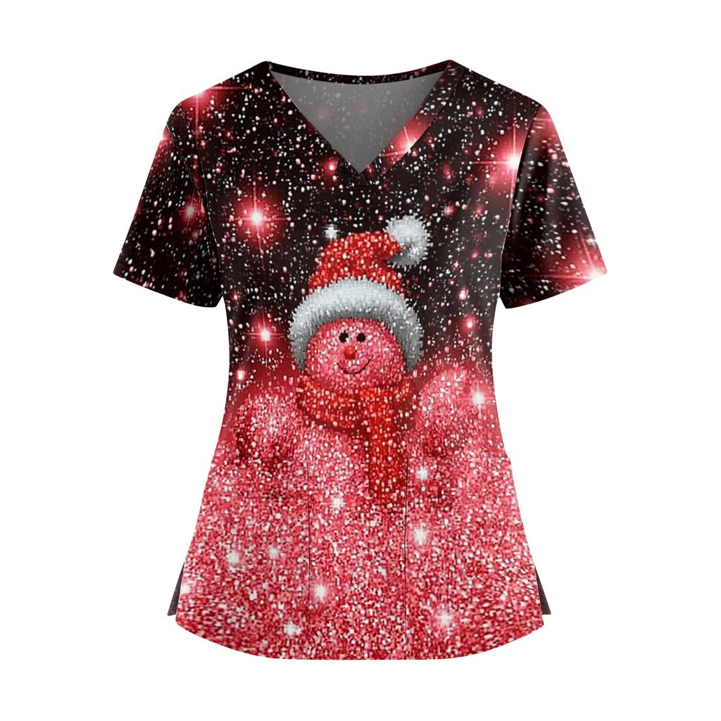 Women's Christmas Print V-Neck Short Sleeve Top with Double Pockets and Side Slits