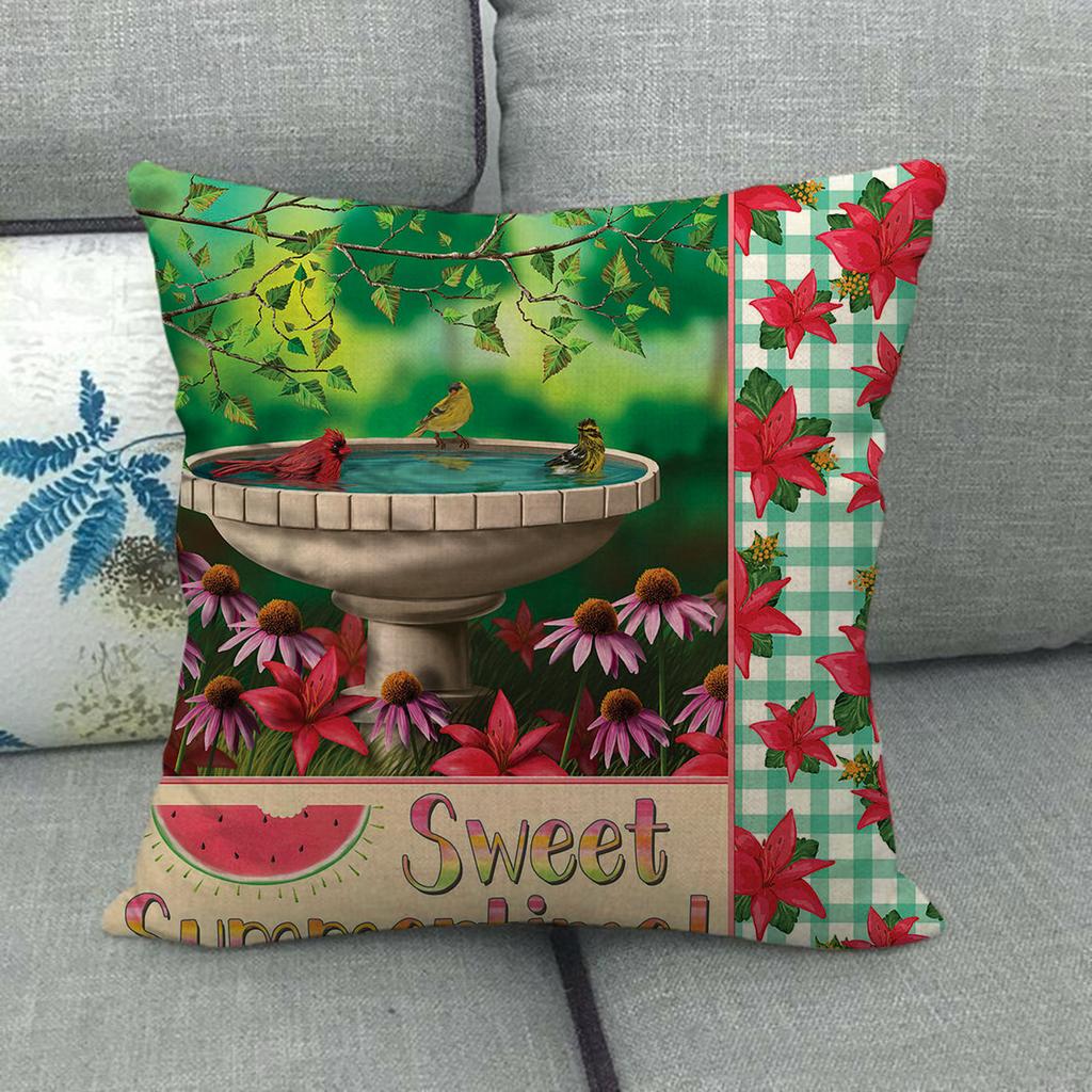 Christmas Spring Bird Flower Oil Painting Digital Printing Short Plush Pillow Covers For Sofa Office Cushion Cover Home Goods