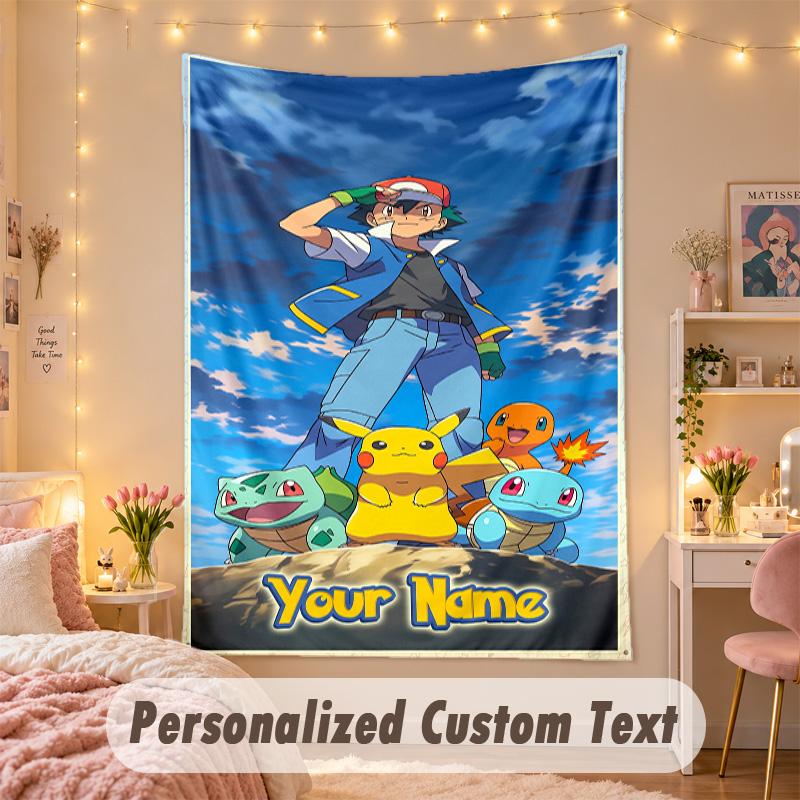 Custom Personalized Tapestry,Pokémon Print Custom Name Text Wall Art Hanging for Bedroom