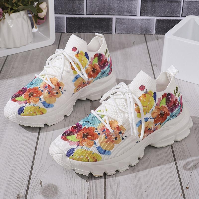 Fashion Floral Print Women's Knitted Sneakers Summer 2025 New Breathable Air Mesh Casual Shoes Woman Light Weight Walking Sports Flats