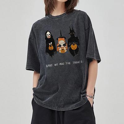 Camiseta feminina com estampa de fantasma de terror, lavada, de alta qualidade, solta, manga curta, casual, confortável
