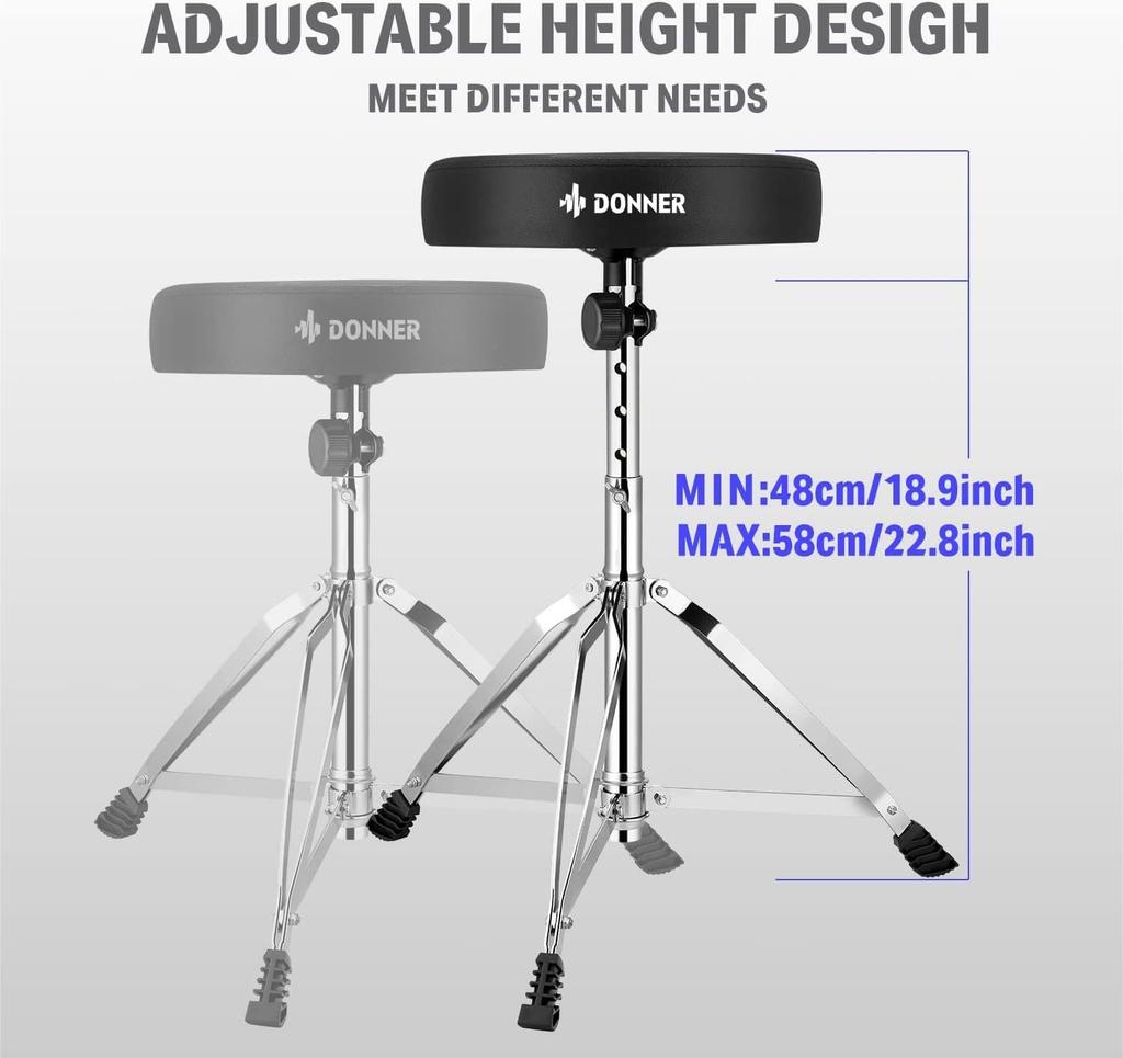 Donner Drum Throne, 48-58cm Height Adjustable, Foldable Maple Drum Stool with Drumsticks