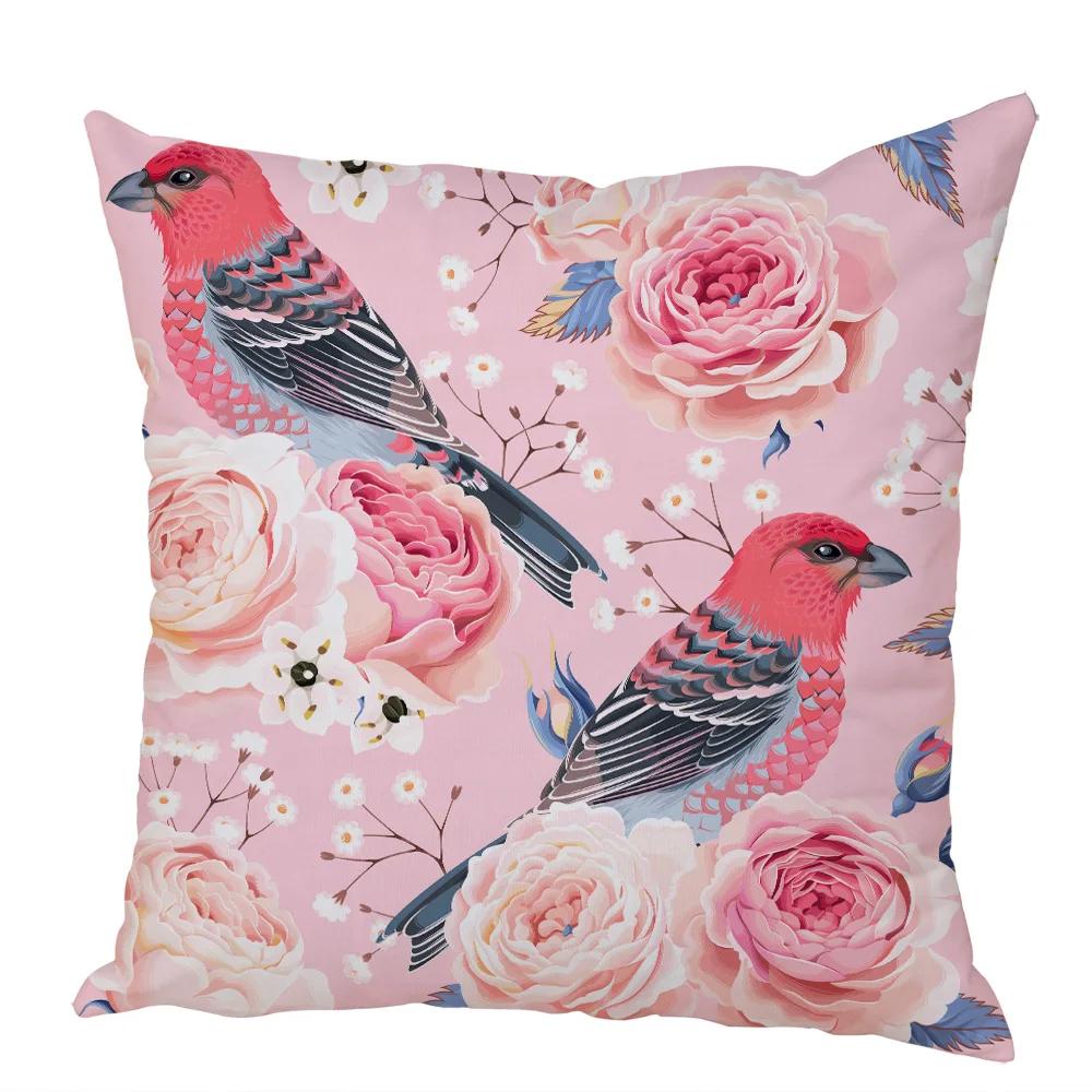 Nordic Style Rose Flower and Birds Pillow Case Cushion Cover for Car Peach Skin Decor Flower Plant Animal Throw Pillowcase