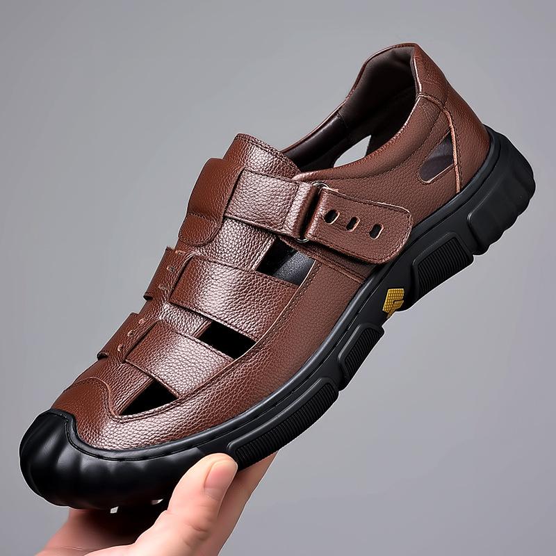 Sandals Men's Summer Leather Breathable Velcro Hollow Leather Shoes Men's Non-slip Soft Sole Casual Shoes Rubber Sole