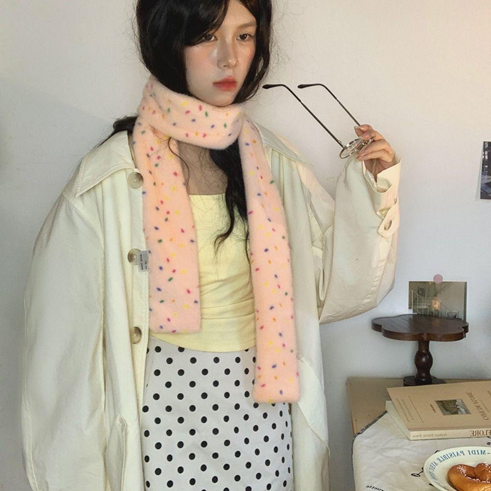 Colorful Dopamine Dot Scarf Narrow Winter Neck Warmer Fashion Cashmere Knitted Scarf Student