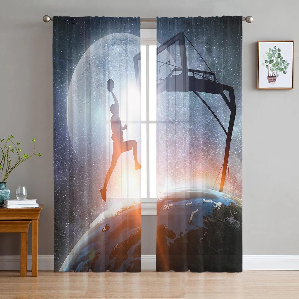 Ink Splash Basketball Sport Sheer Curtains Window Tulle Curtains For Living Room Bedroom For Kitchen Veiling Curtains Decoration