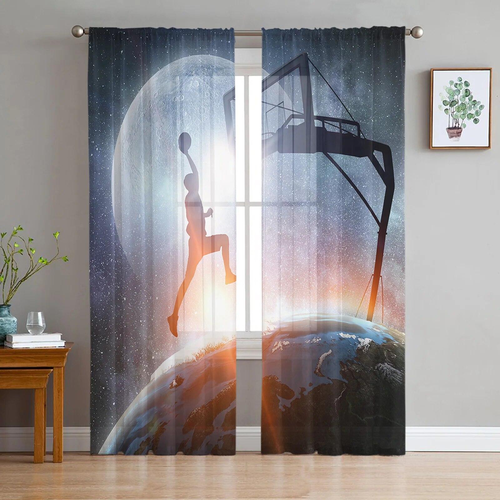 Inkt Splash Basketbal Sport Transparante Gordijnen Raam Tule Gordijnen Voor Woonkamer Slaapkamer Voor Keuken Sluier Gordijnen Decoratie W135 x H137cm