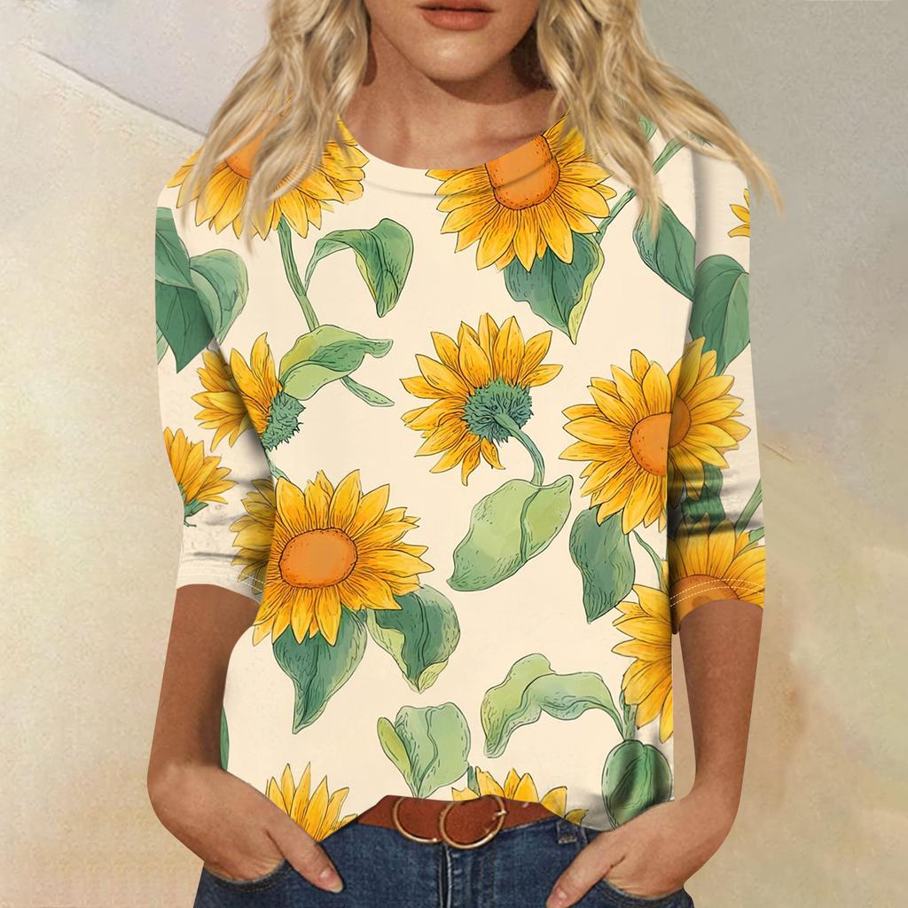 Top T-shirt casual alla moda da donna con scollo rotondo, manica a tre quarti e stampa