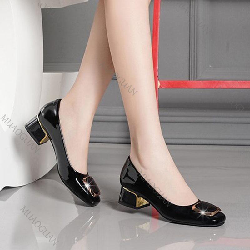 Fashion Soft-soled Women's Single Shoes 2025 Spring Autumn New Shallow Mouth Thick Middle Heel Work Shoes Female Round Toe Leather Pumps
