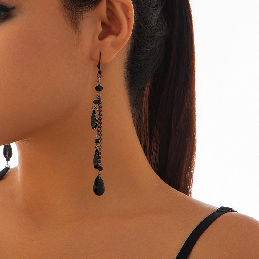 

Ingemark Trendy Long Tassel Droplet Imitation Crystal Pendent Earrings Women Elegant Black Chain Piercing Drop Earrings Jewelry