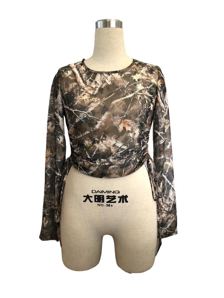 Frühlings Damen Mesh Baumzweig Druck Seitenkordelzug Slim Kurzarm T-Shirt Tops Damen Vielseitige Schrank-Essentials Modeartikel Shirt