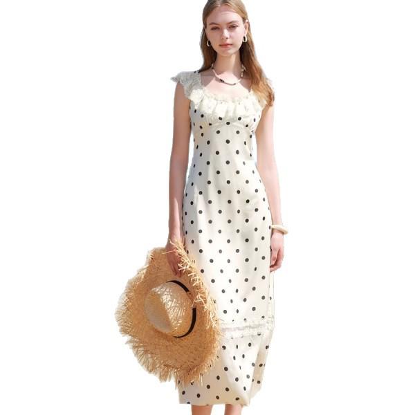 Elegant French White Polka Dot Suspender Dress - Summer 2025 Waist-Cinching Slimming Design