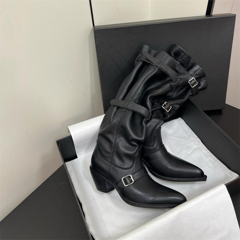 

Fashion Vintage Pleated Belt Buckle Faux Suede Women Knee High Boots Autumn Winter Fashion High heels Western Cowboy Knight Boots Shoes 40 чёрный