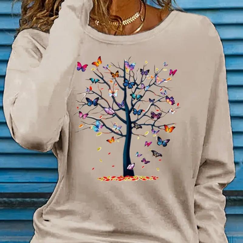 

Топы для женщин с принтом «дерево любви» с круглым вырезом и длинными рукавами, футболка на осень, повседневный тонкий пуловер, женский топ с длинными рукавами 8XL бежевый