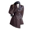 Dámska Khaki Retro Kožená Bunda - Yuppie Štýl, High-End, Zúžená v Pás, Jesenný Trend