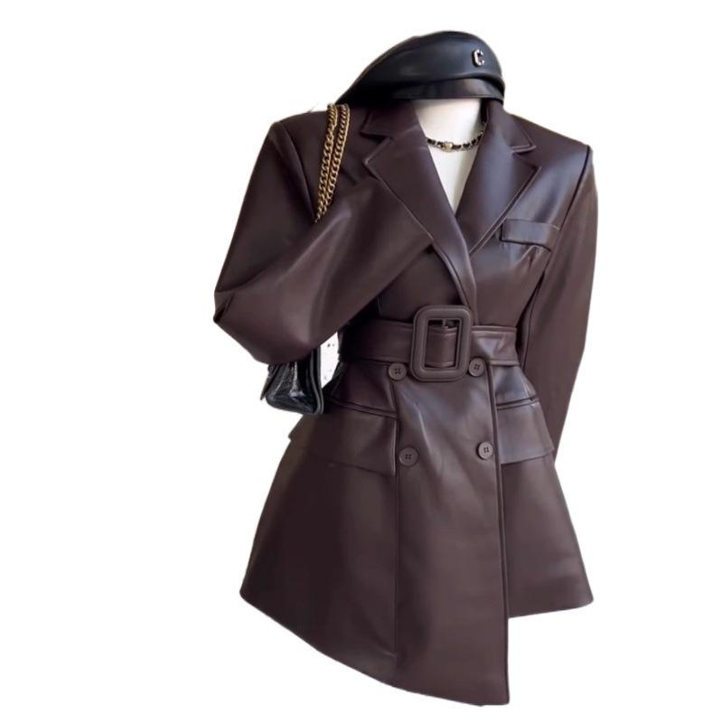 Dámska Khaki Retro Kožená Bunda - Yuppie Štýl, High-End, Zúžená v Pás, Jesenný Trend
