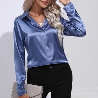 Yaz Ipek Gömlek Kadın Bahar Düğme Yukarı Saten Bluz Gevşek Ofis Uzun Kollu Bayanlar Blusas Casual Gömlek Tops Zarif 26104