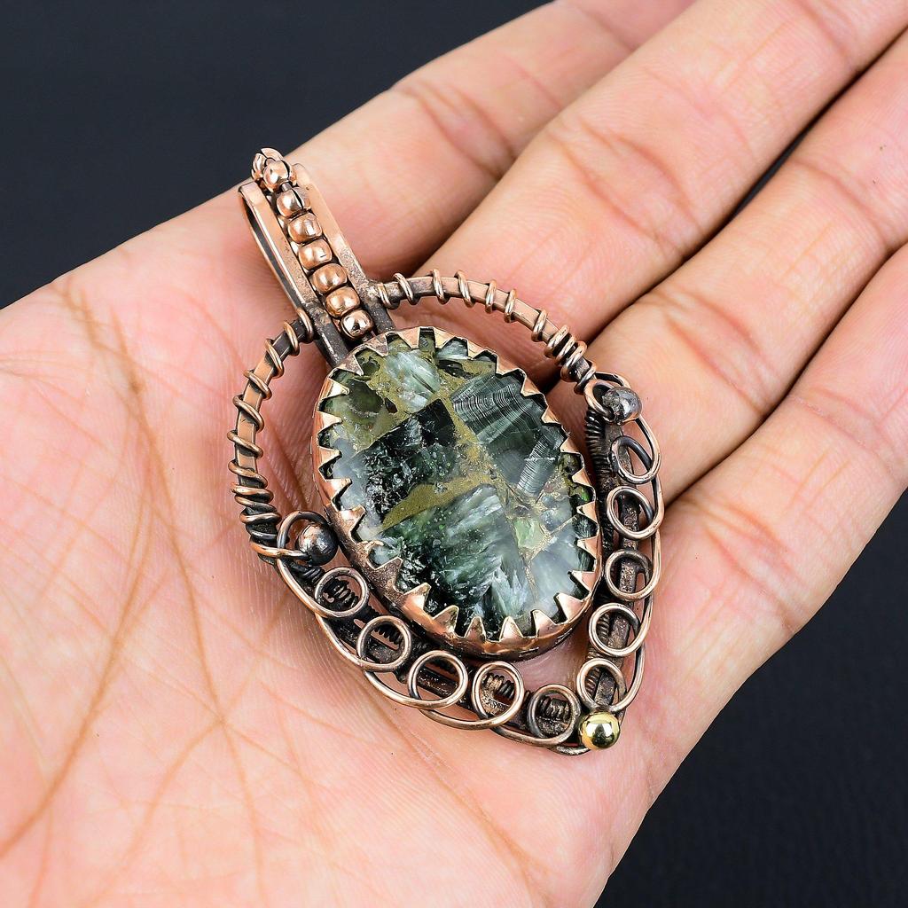 Copper Seraphinite Gemstone Pure Copper Wire Wrapped Handmade Wonderful Jewelry Pendant