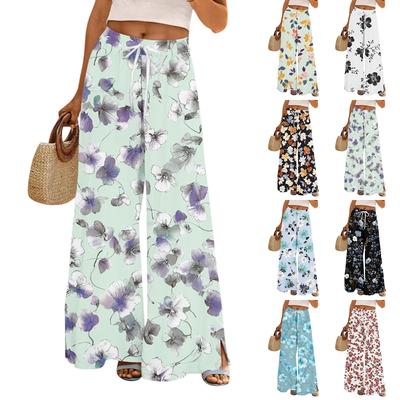 Pantaloni Casual Larghi da Donna con Cintura Elastica Tasche Stampa Floreale Coulisse Regolabile