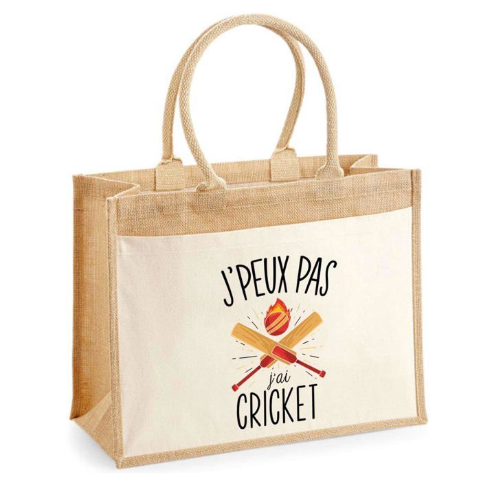Sac de plage - PLANETEE - Jute avec poche Cricket J'peux pas - Coton naturel - Multicolore - Anses bandoulière