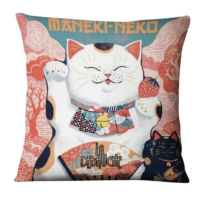 45X45Cm Polyester Japanese Lucky Cat Printing Pillowcase Home Pillow Decoration Ukiyo-E Cushion