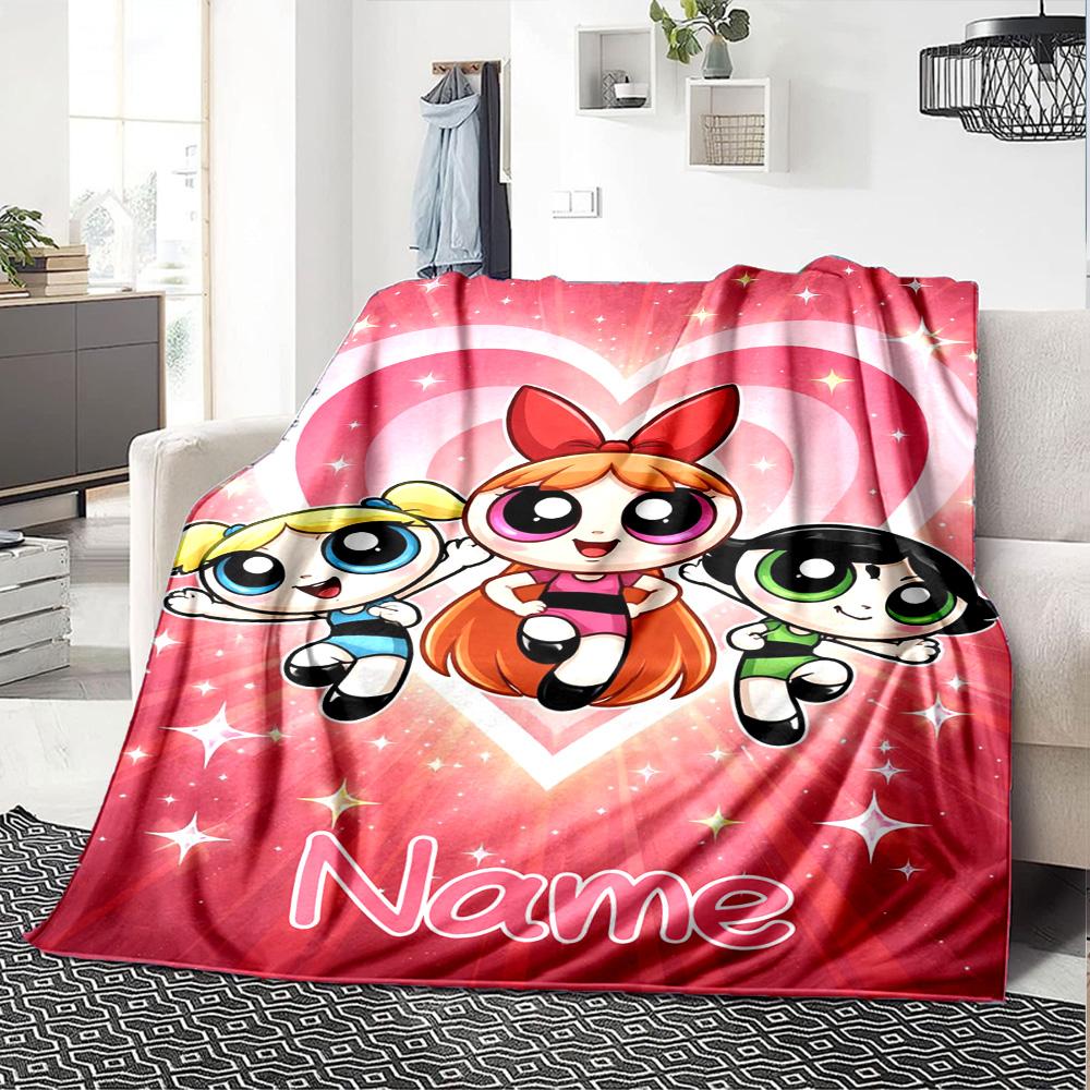 Custom Name Powerpuff Girls Halloween Flannel Blanket for Super Soft Cute Comfort Blanket for Travel Bedding Couch Sofa Blanket