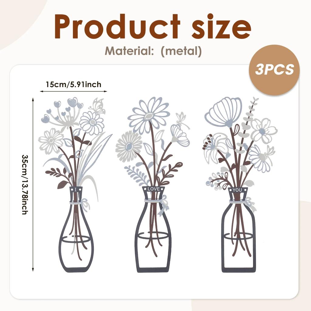 3 Pcs Metal Flower Wall Pendant Waterproof Metal Flower Wall Art with Screw for Living Room Bedroom Bathroom and Home Decoration
