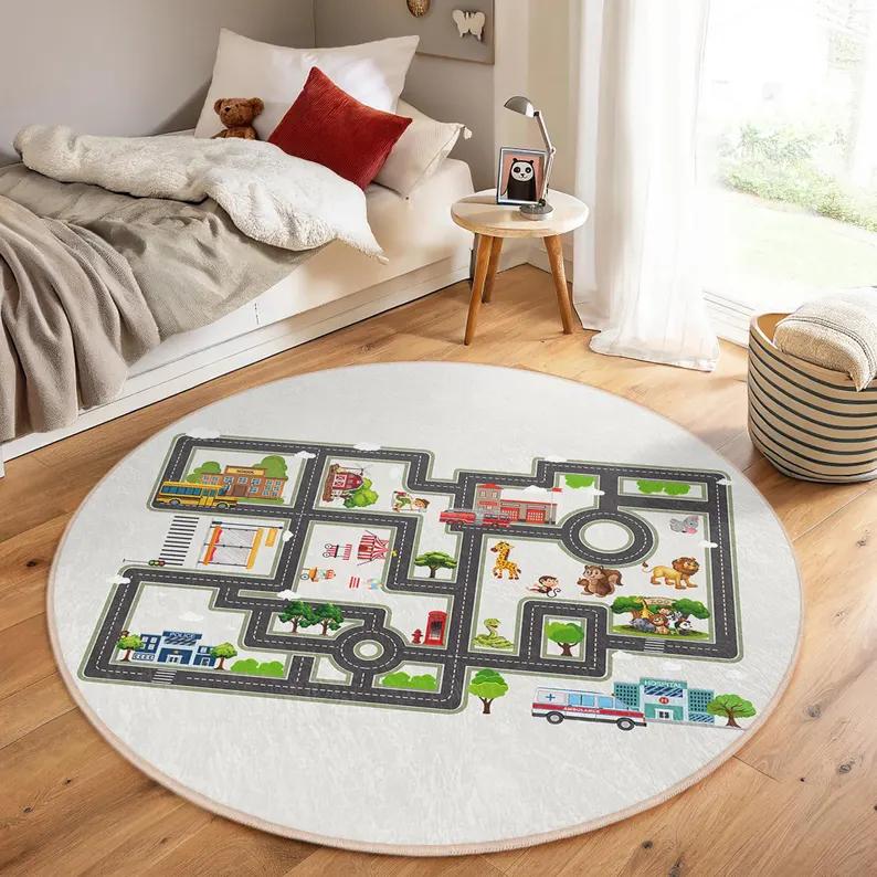 World Map Kids Rug Washable Non-Slip Round Play Mat Educational Animal Map Nursery Carpet Montessori Learning Decor Gifts