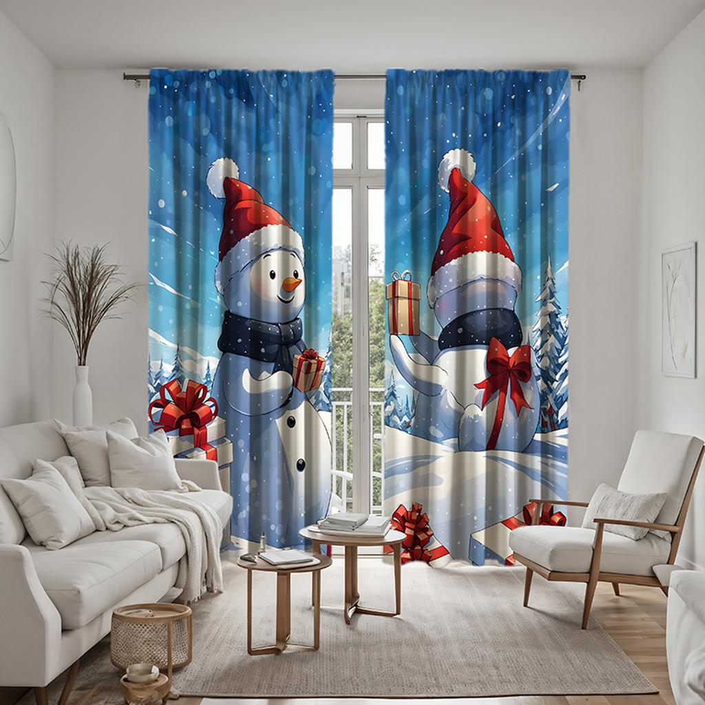 2pcs Set HD Christmas Gift Snowman Decoration Curtain Blue Tie Digital Printed Curtain Home Decoration Style Decoration Livin