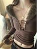 Women's Slim Fit Fur Collar Long Sleeve Top with Tie – Autumn/Winter Chic