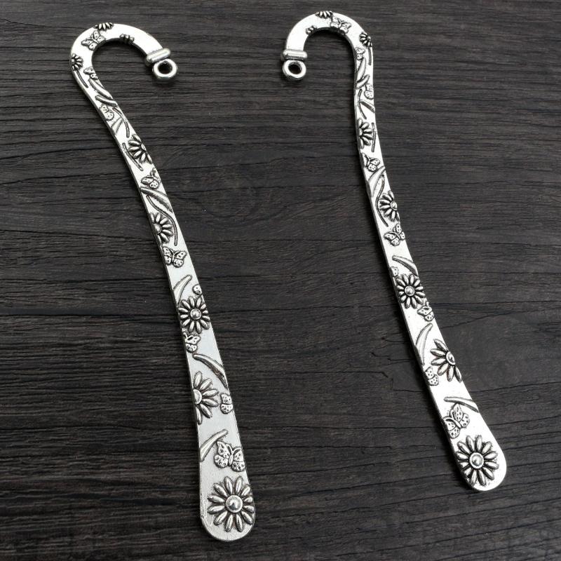 5pcs Vintage DIY Bookmark Charms Flower Antique Silver Plated Zinc Alloy Charms Pendant for Bookmarks Metal Jewelry Accessories