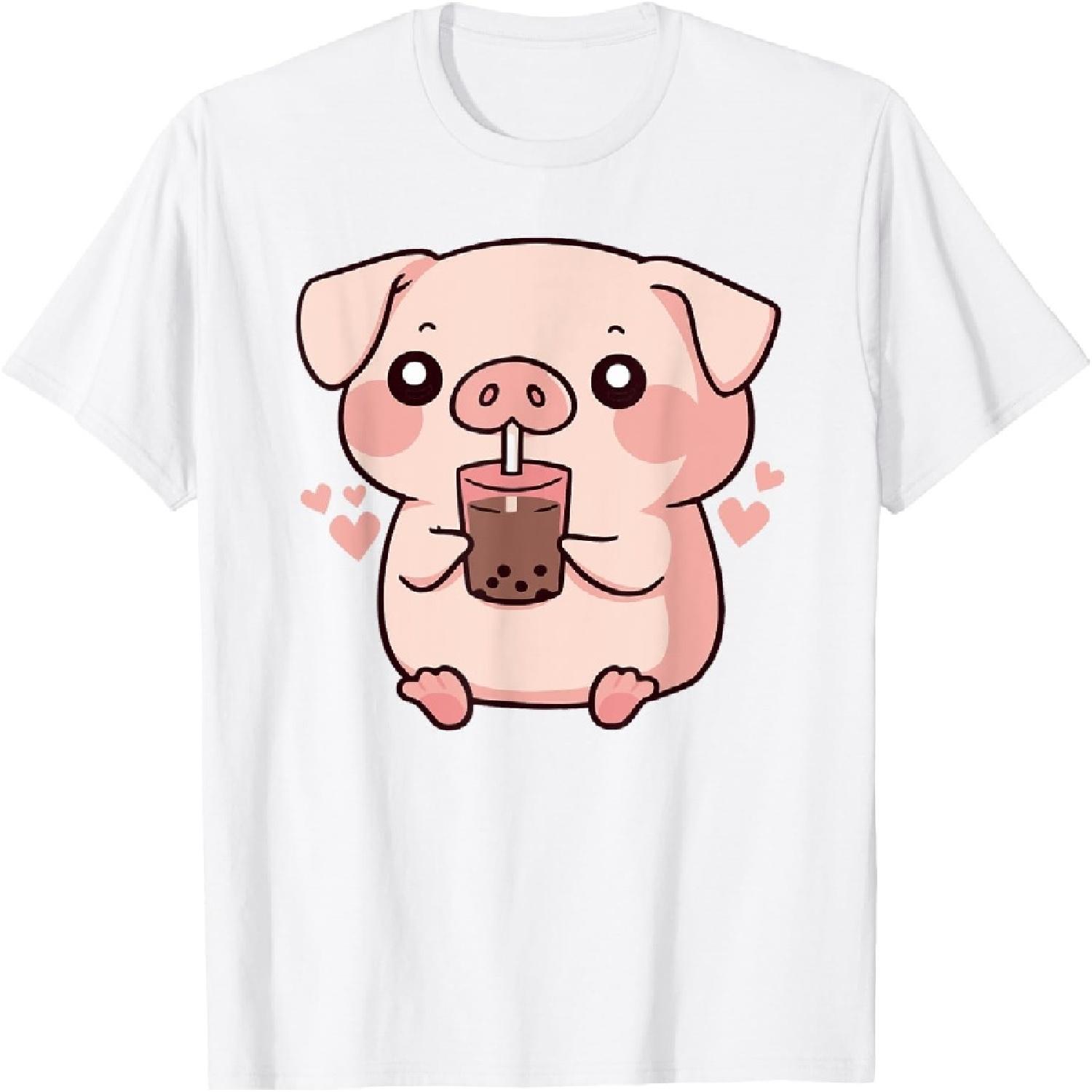 Cute kawaii cartoon pig drinking bubble tea T-Shirt XXXXXL белый