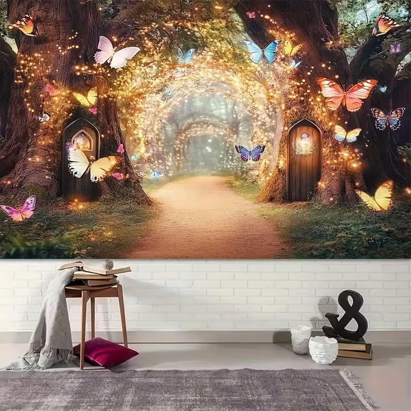 2D Glowing Forest Tapestry, Magical Tree Path with Butterflies & Lights Background Cloth