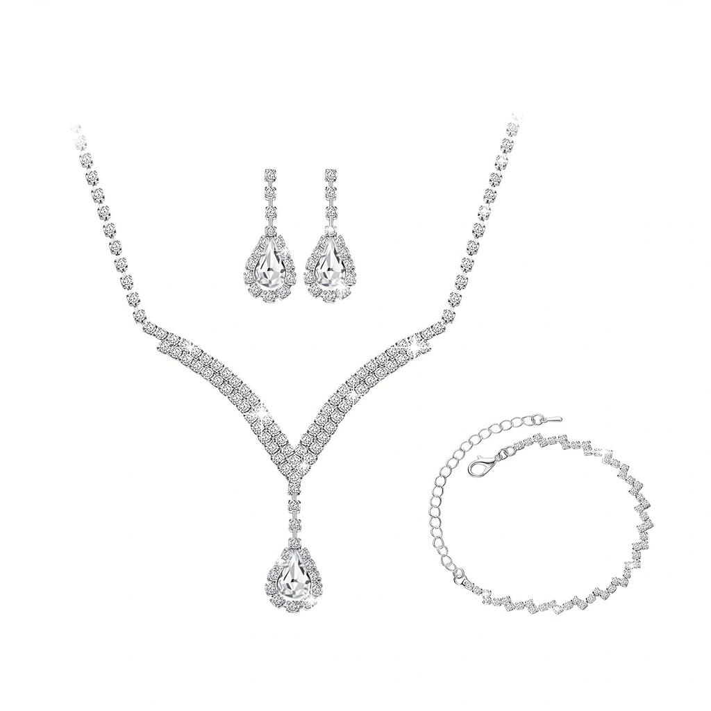Bridesmaids Ball Outfit Rhinestone Jewelry Set Bridal Wedding Metal Zircon Water Drop Wave Necklace Earrings Bracelet