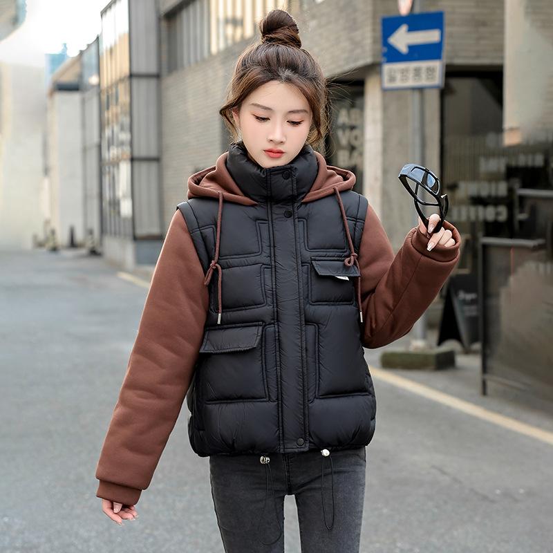 Fake Two Pieces Color Collision Lightweight Hooded Fluffy Warm Cold Loose Short Section of High-quality Fabric Casual Sports Jacket Cotton Jacket Coat