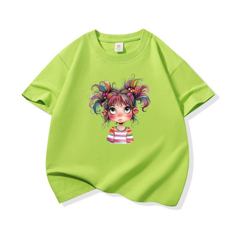 Kids Cotton T Shirt Bright Rainbow Hair Girl Watercolor Print Crew Neck Short Sleeve Tee Casual Boys Girls Summer Tops